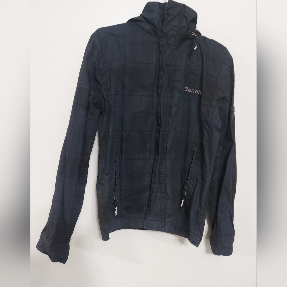 Medium lightweight bench jacket blue plaid pattern with hood